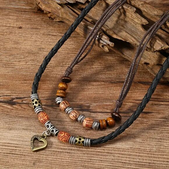 Vintage PU Leather Beaded Heart Beaded Necklace - Picture 2 of 4